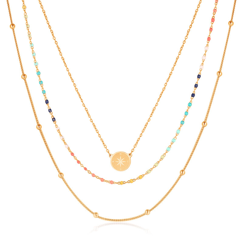 Layering Kette aus Edelstahl Boho Kompass