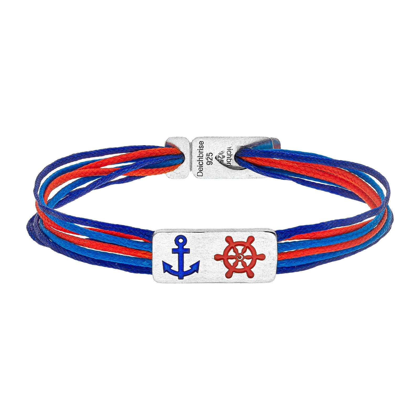925er Silber-Armband "Steuermann" (leuchtturmrot-meeresblau) (Wachs-Cord)