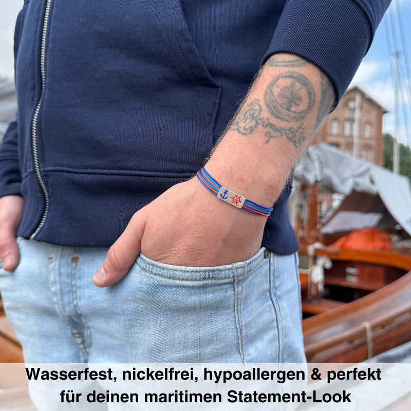 925er Silber-Armband "Steuermann" (leuchtturmrot-meeresblau) (Wachs-Cord)