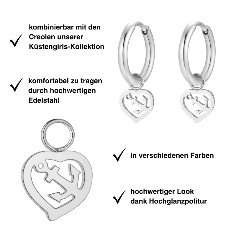 Charm für Ohrringe (Creolen) Ankerliebe aus Edelstahl (Paar)