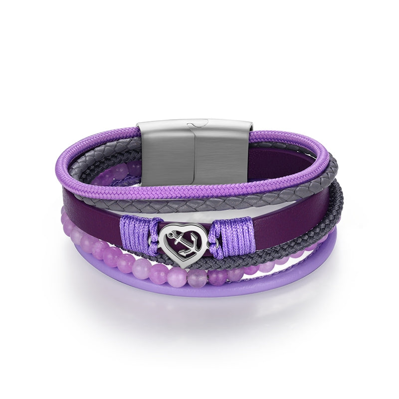 Armband Ankerliebe (Multistrang) mit Segelseil, Leder & Lila Jade