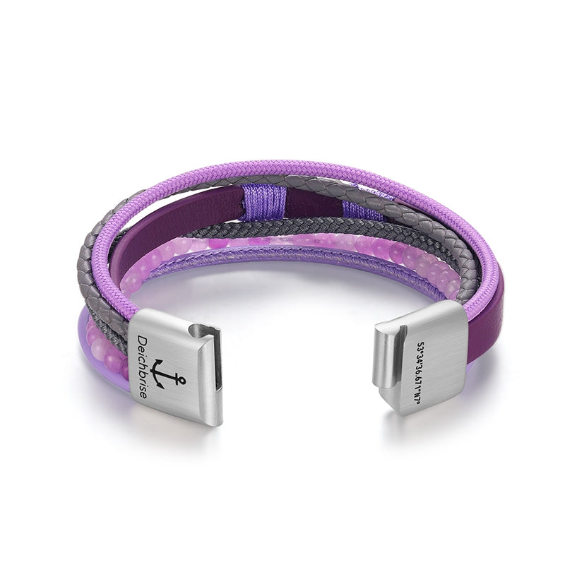 Armband Ankerliebe (Multistrang) mit Segelseil, Leder & Lila Jade