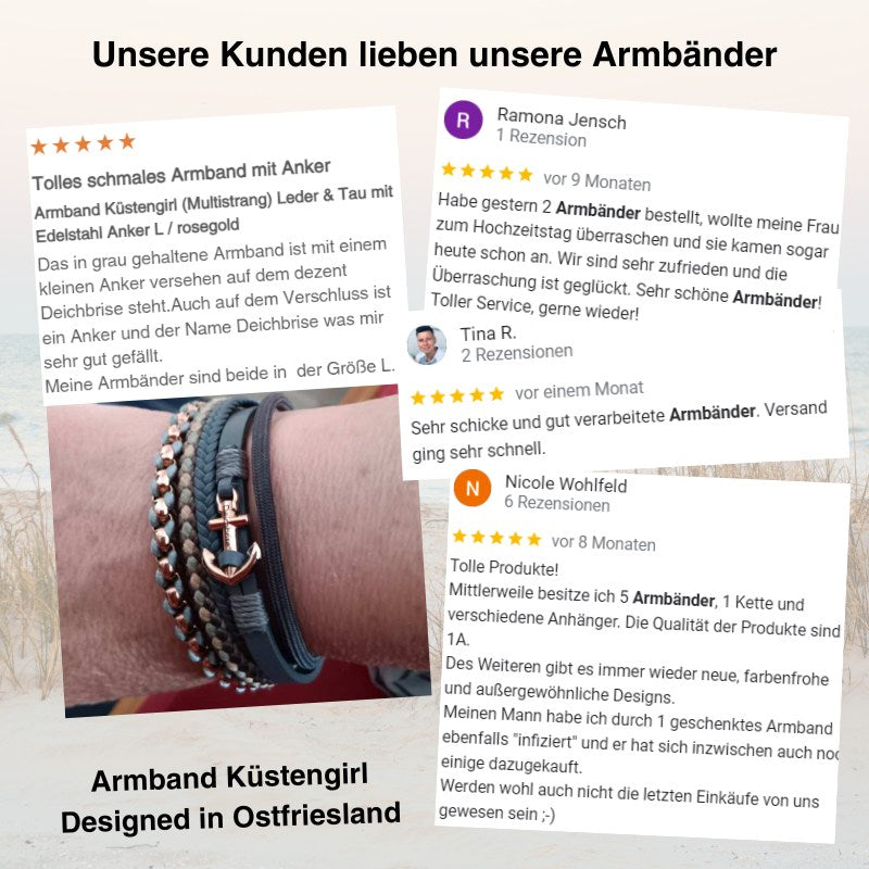 Armband Küstengirl (Multistrang) Leder & Tau mit Edelstahl Anker