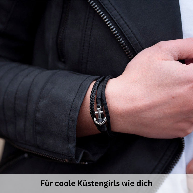 Armband Küstengirl (Multistrang) Leder & Tau mit Edelstahl Anker