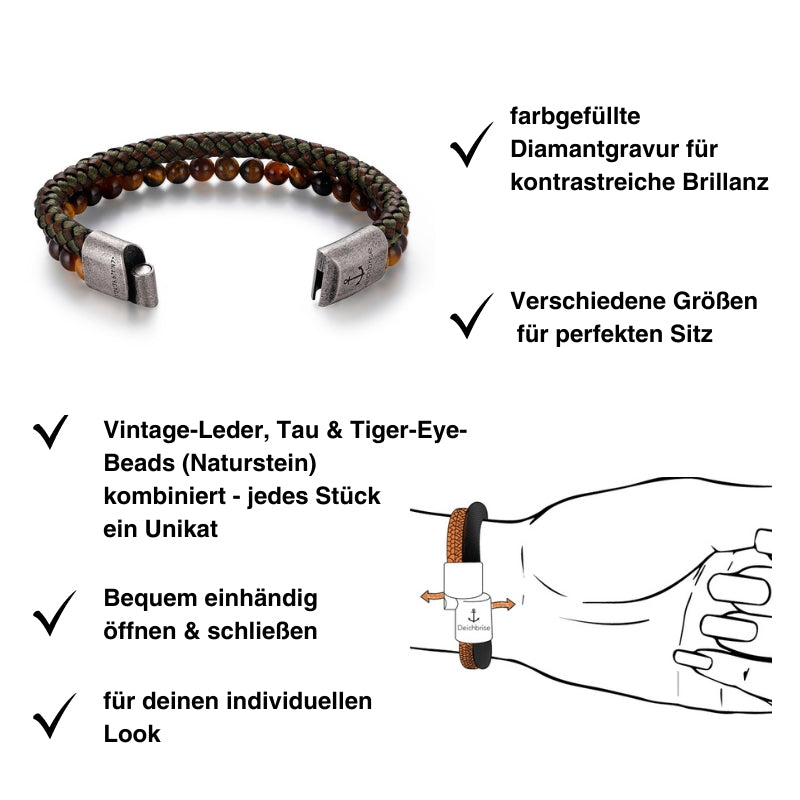 Armband Seemann (Multistrang) Leder-Tau & Tiger-Eye