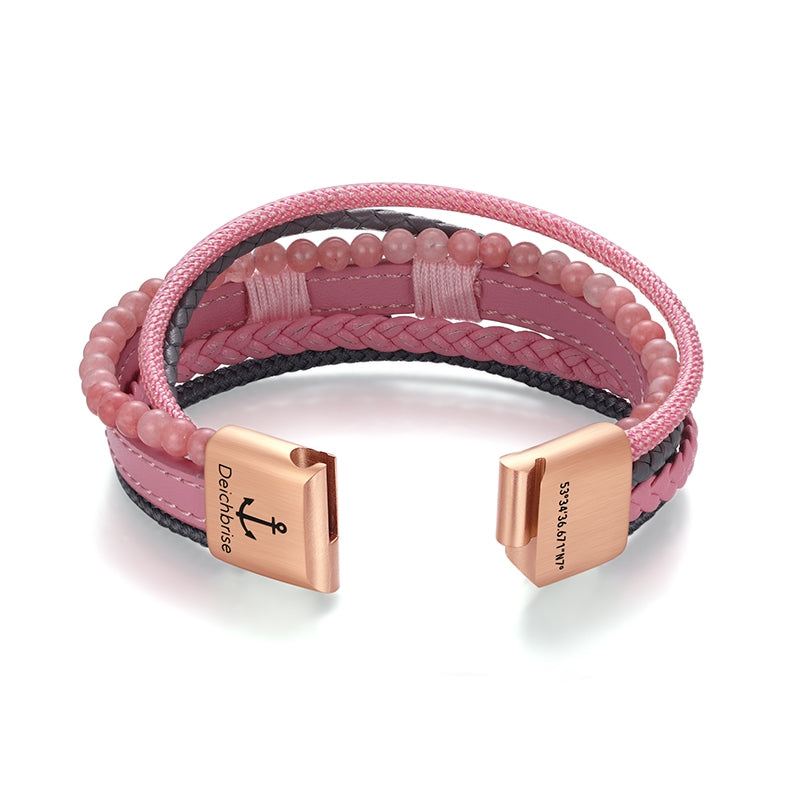 Armband Seestern (Multistrang) mit Segelseil, Leder & Pink Jade