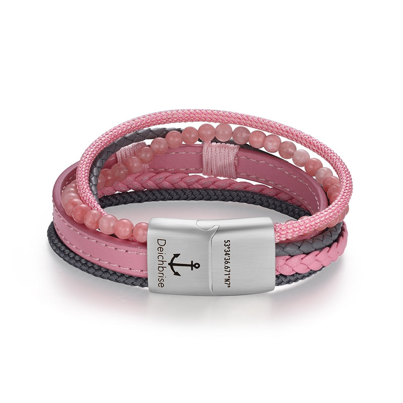 Armband Seestern (Multistrang) mit Segelseil, Leder & Pink Jade