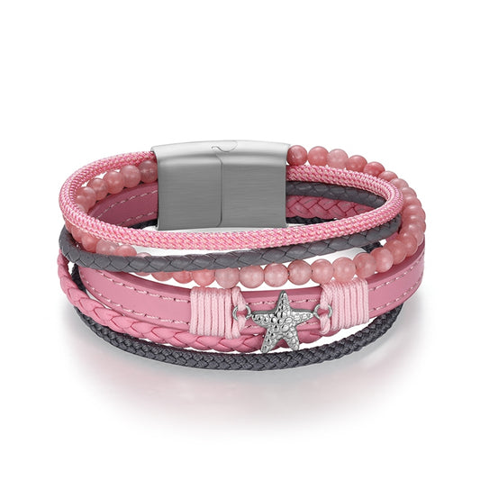 Armband Seestern (Multistrang) mit Segelseil, Leder & Pink Jade