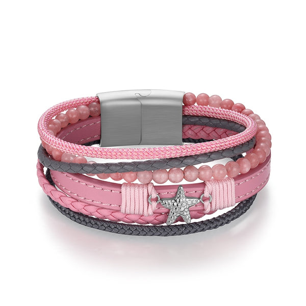 Armband Seestern (Multistrang) mit Segelseil, Leder & Pink Jade