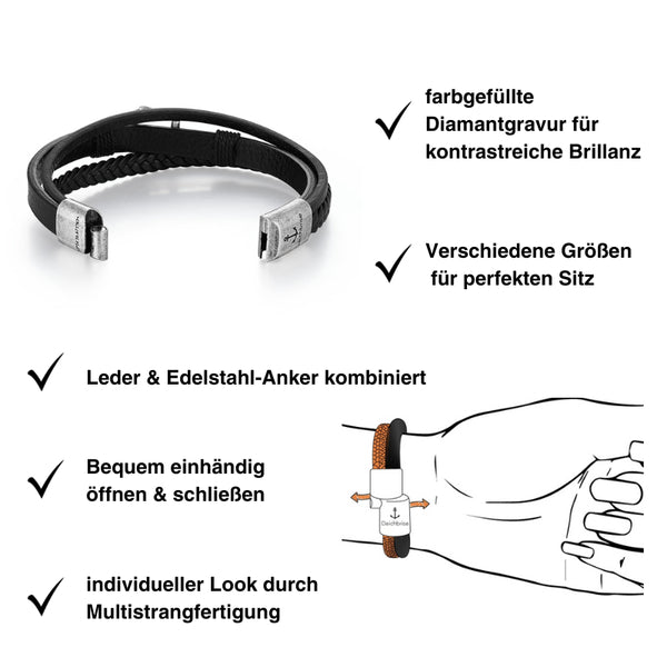 Armband Steuerbord (Multistrang) Leder mit Edelstahl-Anker