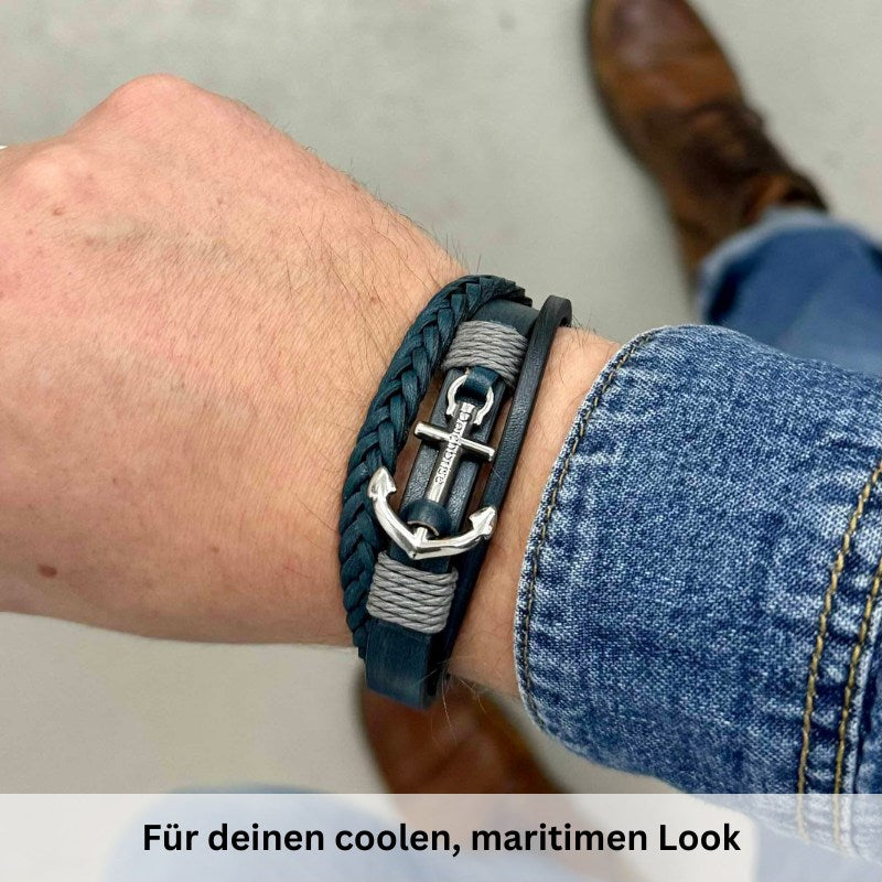 Armband Steuerbord (Multistrang) Leder mit Edelstahl-Anker (Blue-Line)