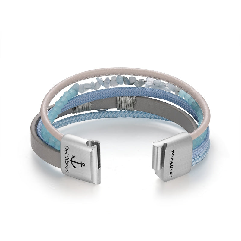 Armband Welle (Multistrang) mit Segelseil, Leder & Glasperlen