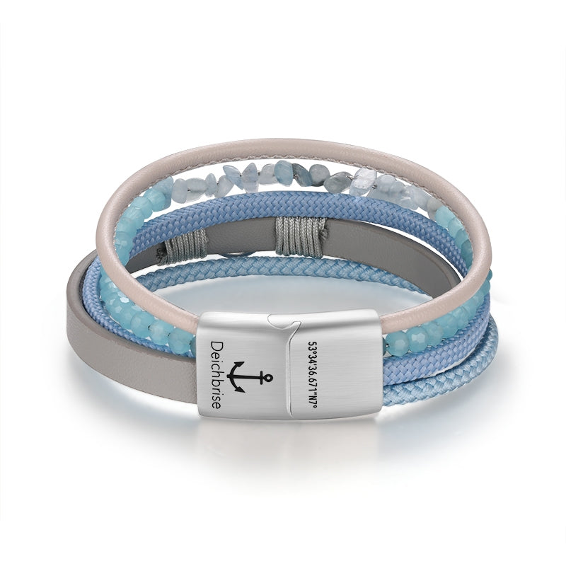 Armband Welle (Multistrang) mit Segelseil, Leder & Glasperlen