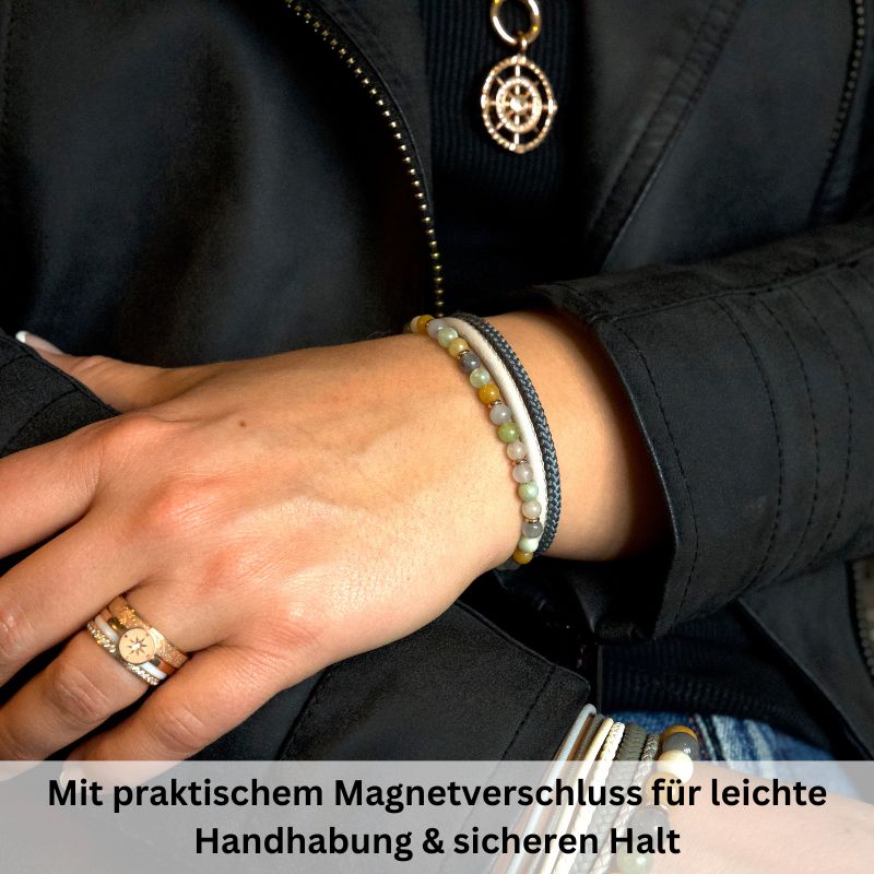 Armband Joleen (Multistrang) Leder, Segelseil, Quarz Kristall, Jade & Edelstahl Beads