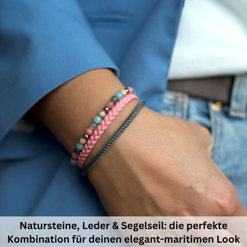 Armband Pellworm 2 (Multistrang) Leder, Segelseil, Pink Jade, Quarz-Kristall & Roter Netz Jaspis