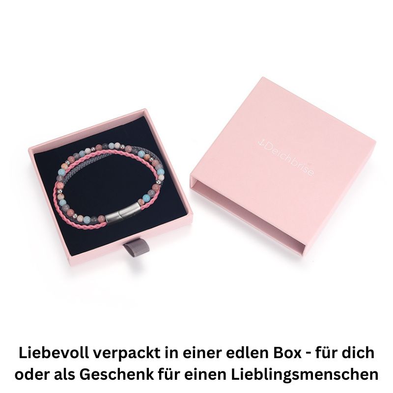 Armband Pellworm 2 (Multistrang) Leder, Segelseil, Pink Jade, Quarz-Kristall & Roter Netz Jaspis