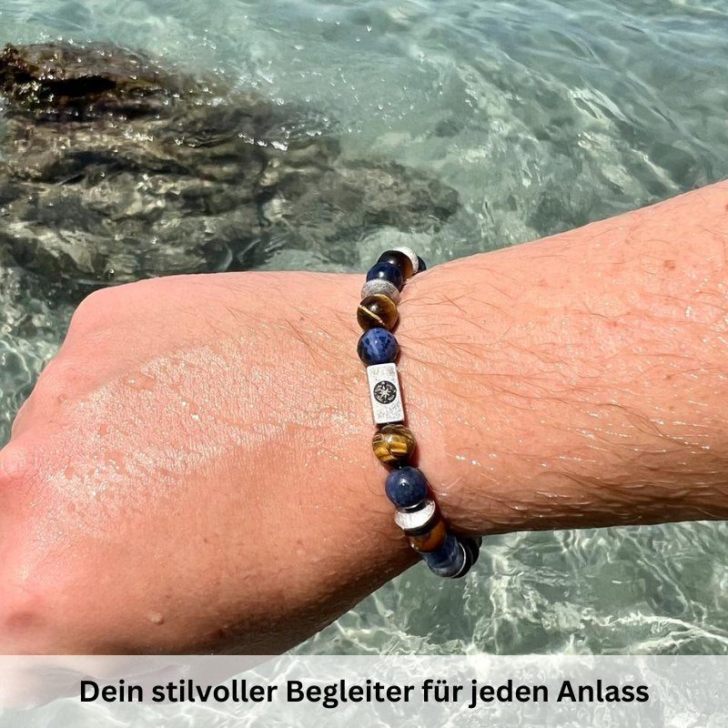 Armband Platja de Torà (Tiger-Sodalith-Steel mit Edelstahl-Kompass-Bead)