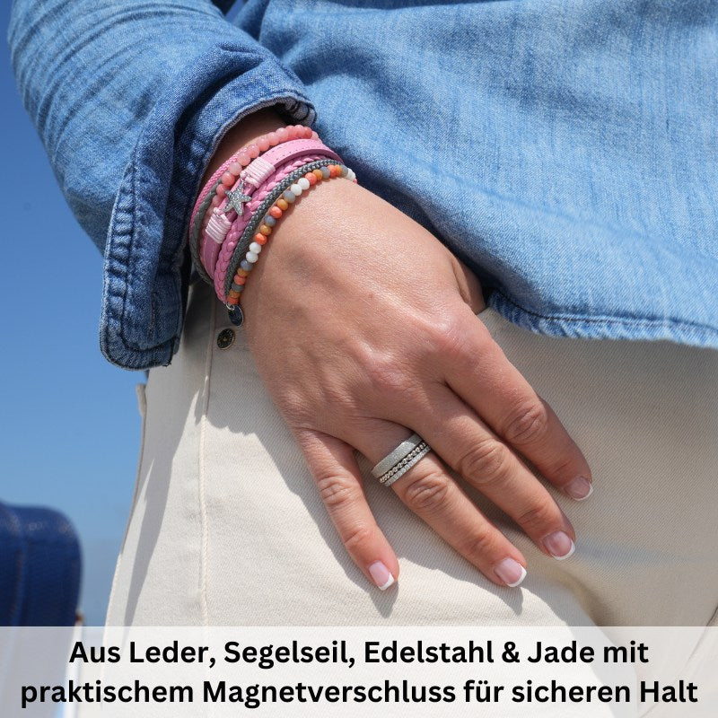 Armband Seestern (Multistrang) mit Segelseil, Leder & Pink Jade
