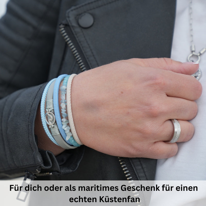 Armband Welle (Multistrang) mit Segelseil, Leder & Glasperlen