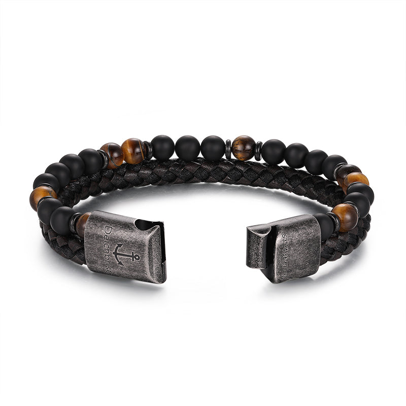 Armband Black Beach (Multistrang) Leder, Edelstahl, Onyx & Tiger-Eye (Kapitän rockt)