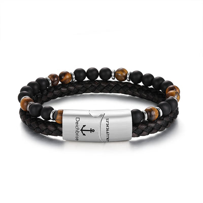 Armband Black Beach (Multistrang) Leder, Edelstahl, Onyx & Tiger-Eye (Kapitän rockt)