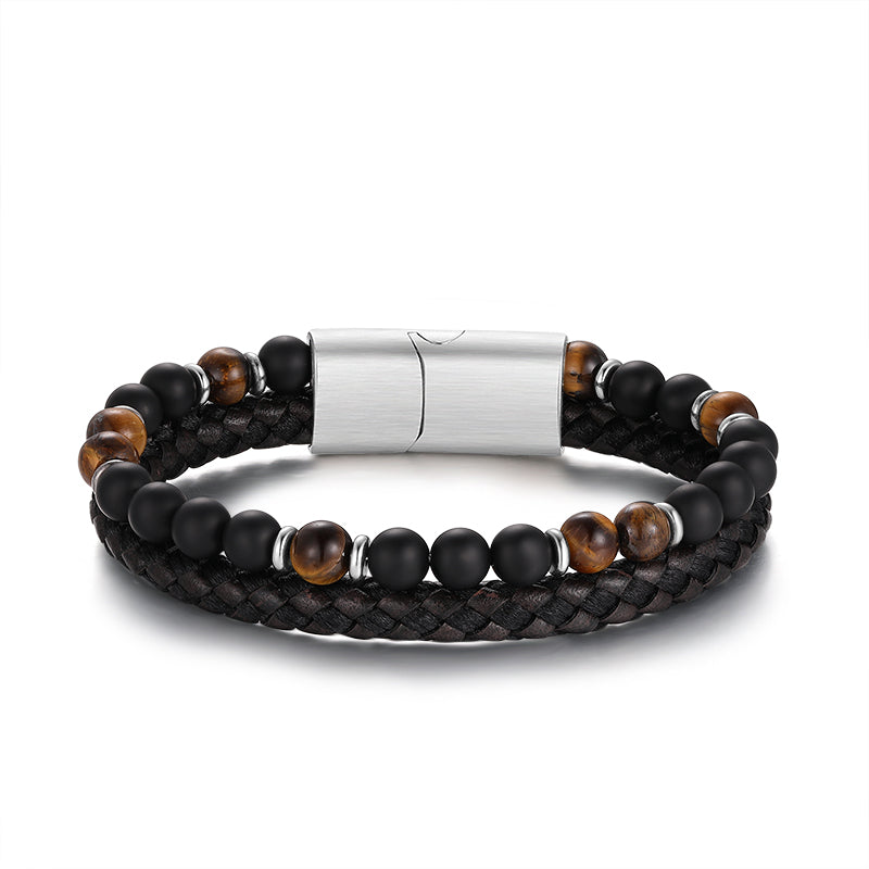 Armband Black Beach (Multistrang) Leder, Edelstahl, Onyx & Tiger-Eye (Kapitän rockt)