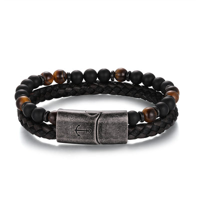 Armband Black Beach (Multistrang) Leder, Edelstahl, Onyx & Tiger-Eye (Kapitän rockt)
