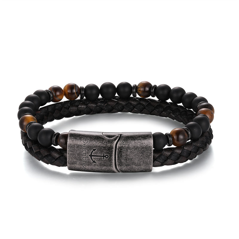 Armband Black Beach (Multistrang) Leder, Edelstahl, Onyx & Tiger-Eye (Kapitän rockt)