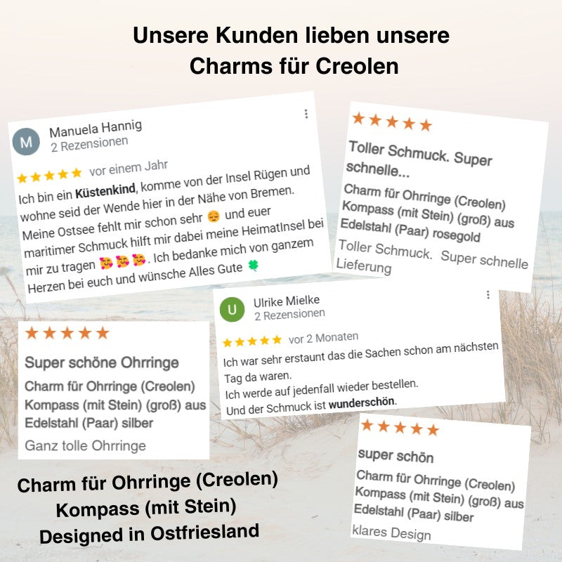 Charm für Ohrringe (Creolen) Kompass (mit Stein) (groß) aus Edelstahl (Paar)