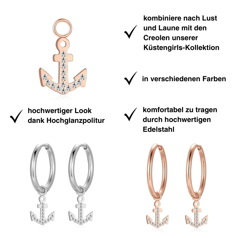 Charm für Ohrringe (Creolen) Anker (groß) aus Edelstahl mit Steinen (Paar)