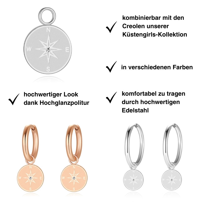 Charm für Ohrringe (Creolen) Kompass (mit Stein) (groß) aus Edelstahl (Paar)