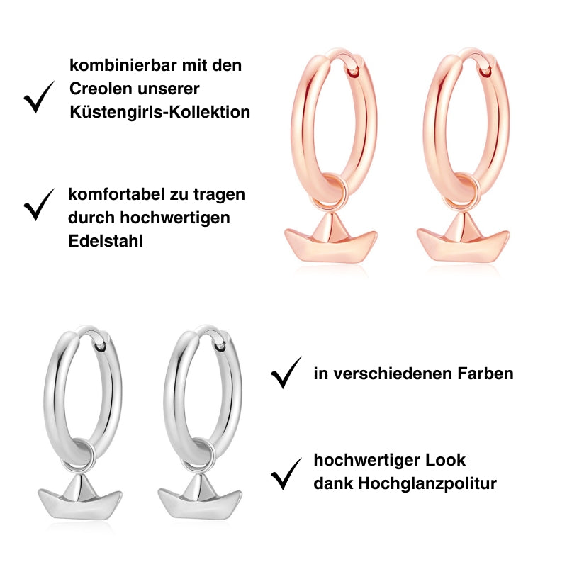 Charm für Ohrringe (Creolen) Papierschiffchen aus Edelstahl (Paar)