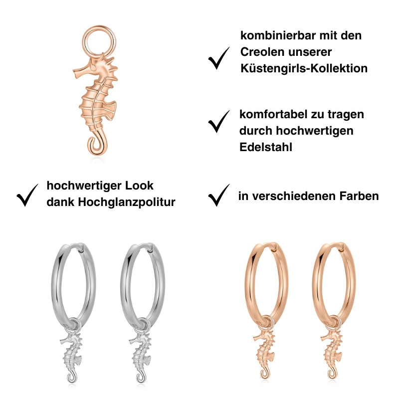 Charm für Ohrringe (Creolen) Seepferdchen aus Edelstahl (Paar)