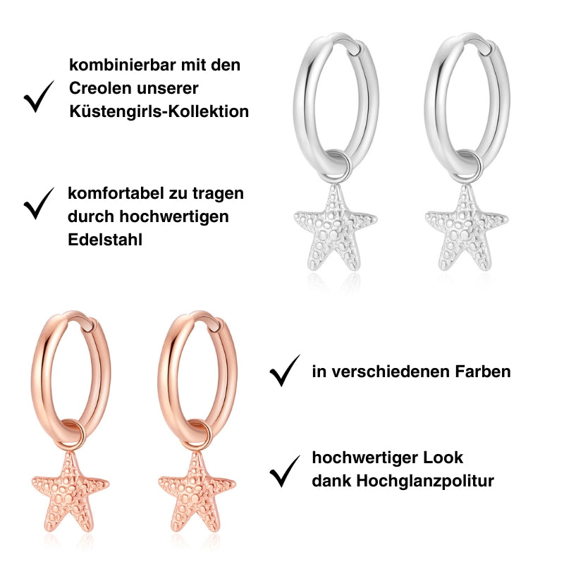 Charm für Ohrringe (Creolen) Seestern aus Edelstahl (Paar)
