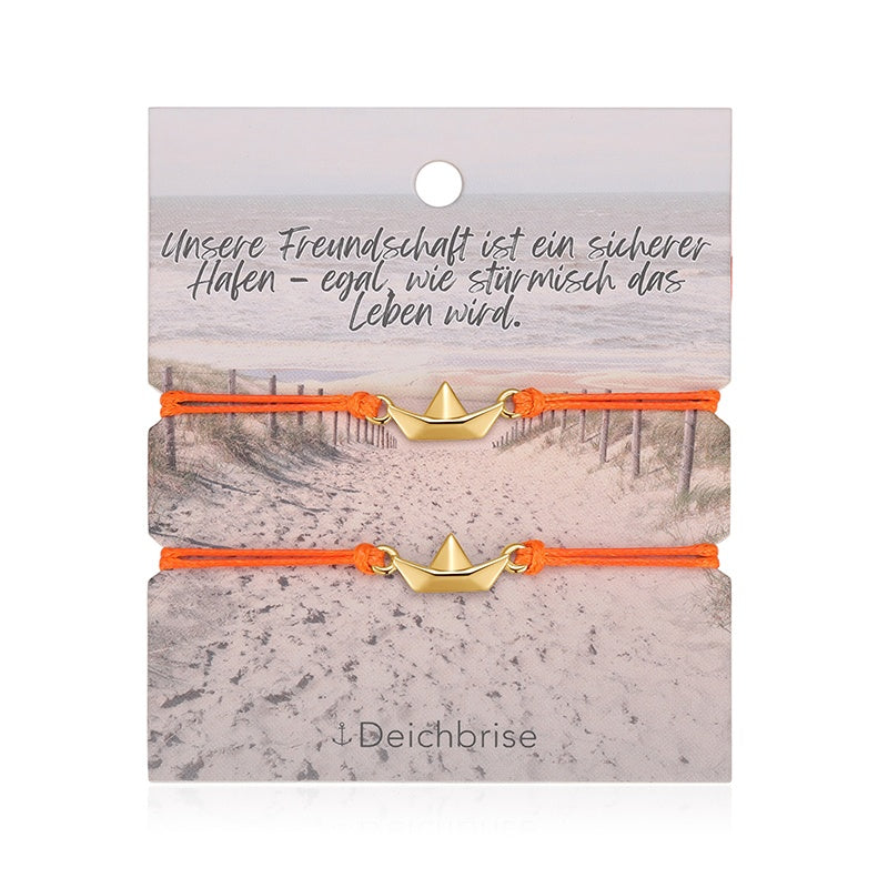Freundschaftsarmbänder Papierschiffchen (2 Stück) aus Wachs-Seil & Edelstahl