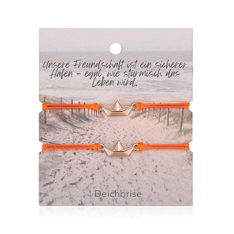Freundschaftsarmbänder Papierschiffchen (2 Stück) aus Wachs-Seil & Edelstahl