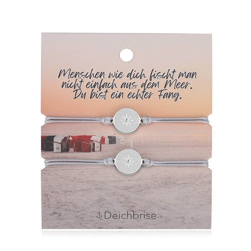 Freundschaftsarmbänder Kompass (2 Stück) aus Wachs-Seil & Edelstahl