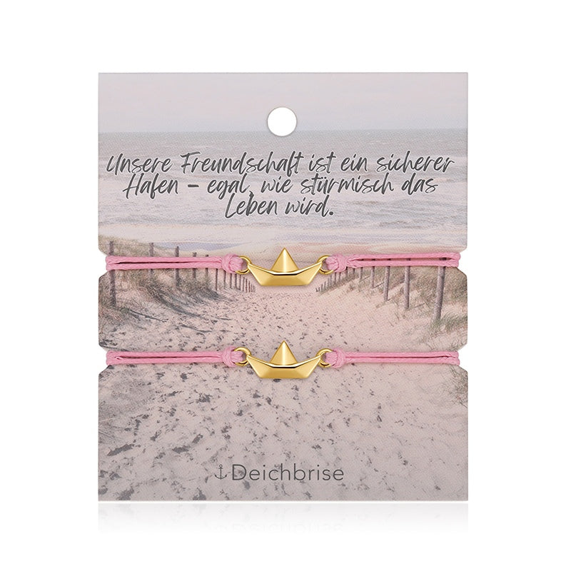 Freundschaftsarmbänder Papierschiffchen (2 Stück) aus Wachs-Seil & Edelstahl