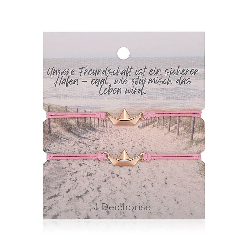 Freundschaftsarmbänder Papierschiffchen (2 Stück) aus Wachs-Seil & Edelstahl
