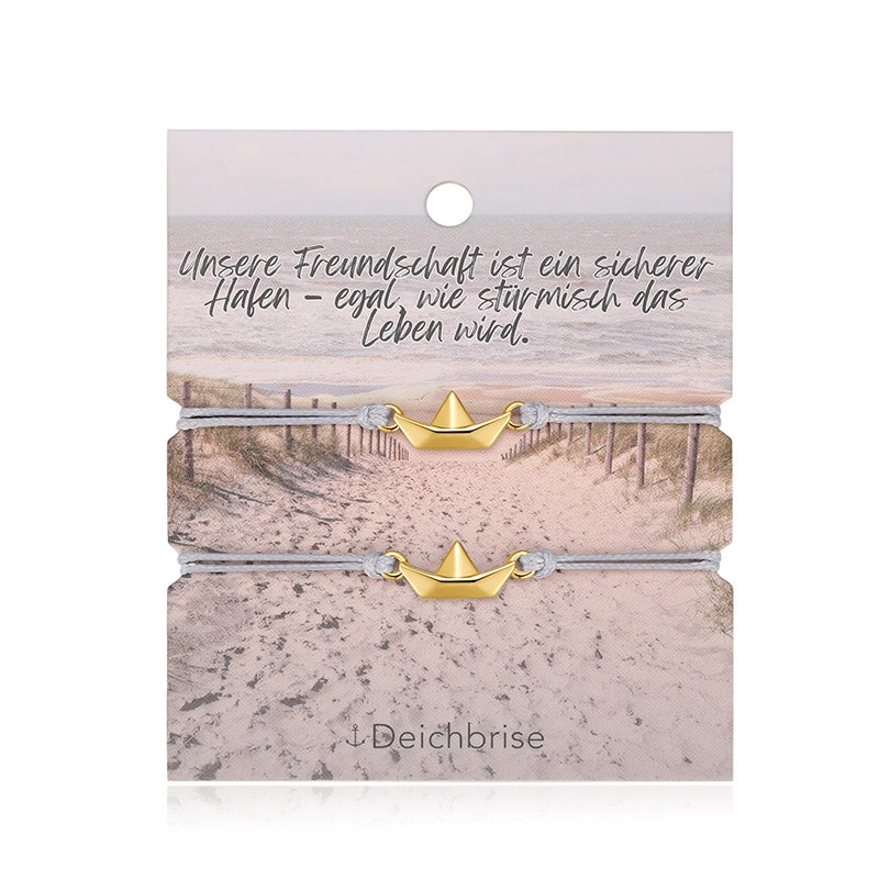 Freundschaftsarmbänder Papierschiffchen (2 Stück) aus Wachs-Seil & Edelstahl