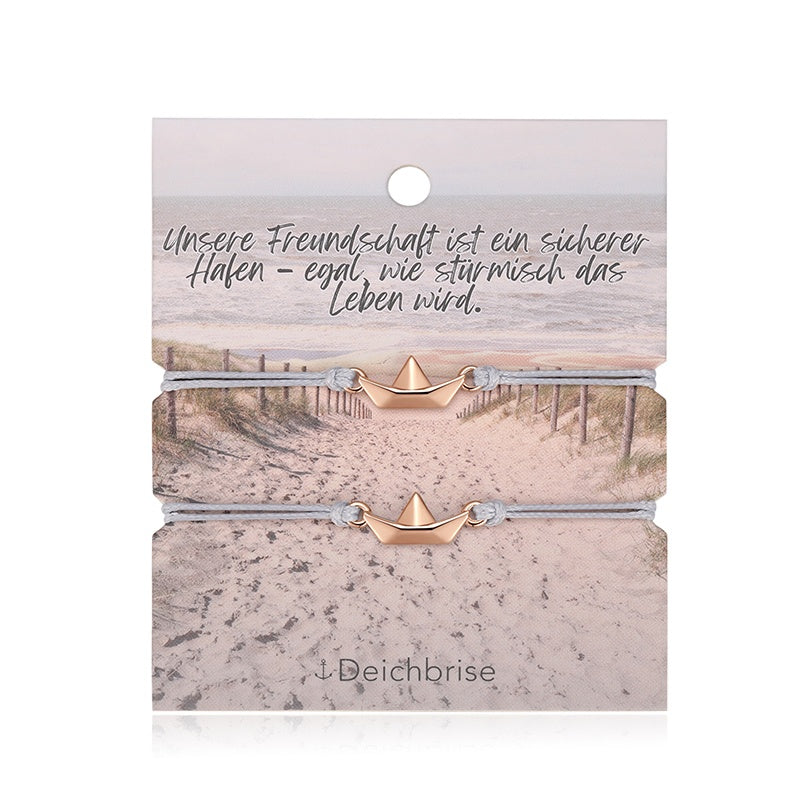 Freundschaftsarmbänder Papierschiffchen (2 Stück) aus Wachs-Seil & Edelstahl