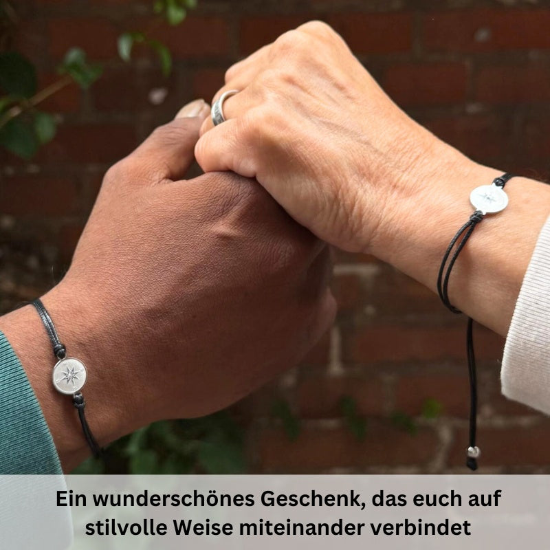 Freundschaftsarmbänder Kompass (2 Stück) aus Wachs-Seil & Edelstahl