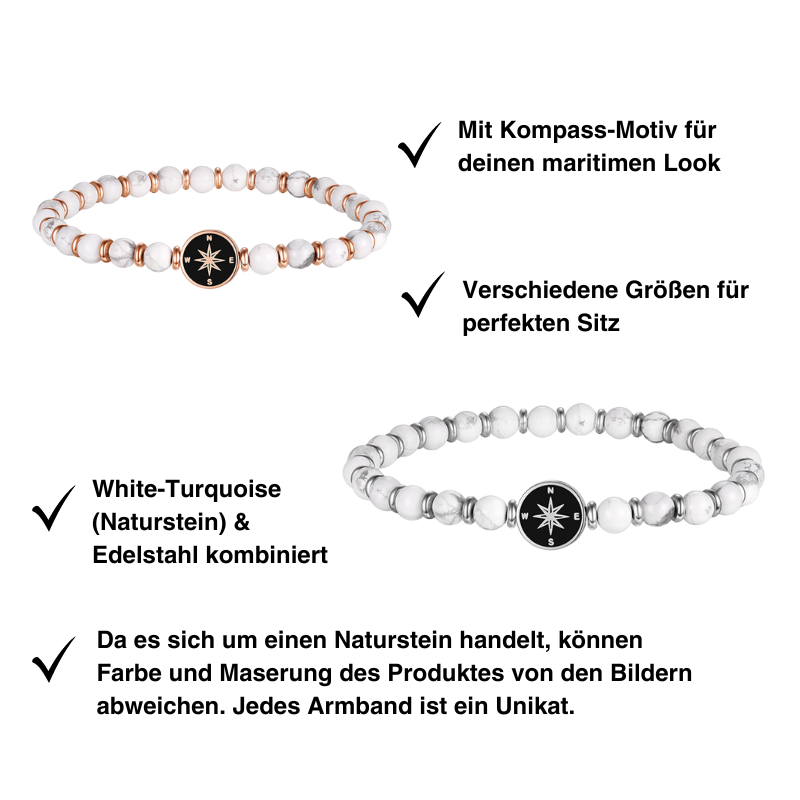 Armband Kompass aus White-Turquoise & Edelstahl