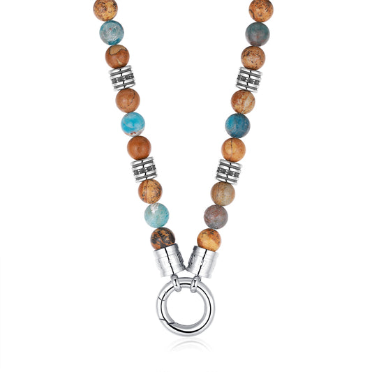 Kette Cala Mendia mit Picture Jasper, Apaptit und Edelstahl-Beads (mit Rund-Karabiner)
