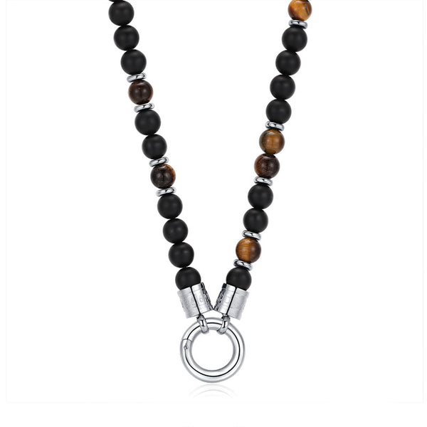 Kette Black Beach (6mm) mit Onyx, Tiger-Eye und Edelstahl-Beads (mit Rund-Karabiner)