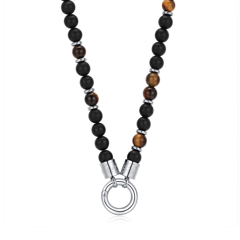 Kette Black Beach (6mm) mit Onyx, Tiger-Eye und Edelstahl-Beads (mit Rund-Karabiner)