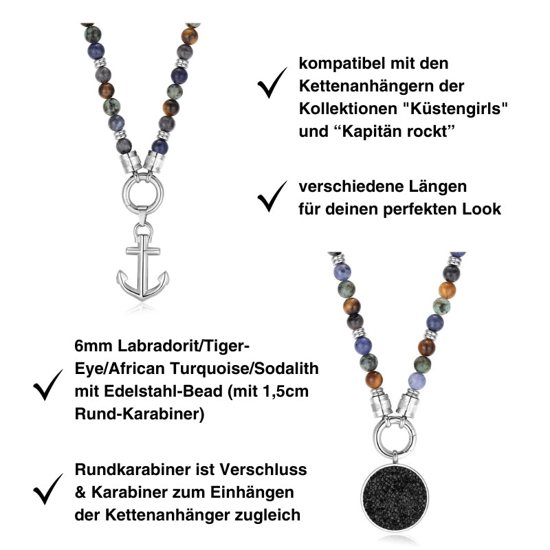 Kette Dünenlicht mit 4 Echtsteinen und Edelstahl-Beads (mit Rund-Karabiner)