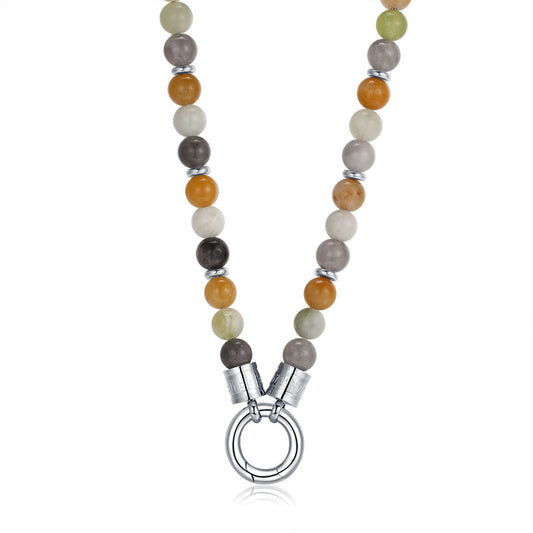 Kette Joleen (6mm) mit Quarz Kristall, Gelbe Jade, Hellgrüne Jade und Edelstahl-Beads (mit Rund-Karabiner)