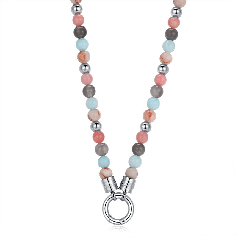 Kette Pellworm (6mm) mit Pink Jade, Quarz-Kristall, Roter Netz Jaspis und Edelstahl-Beads (mit Rund-Karabiner)