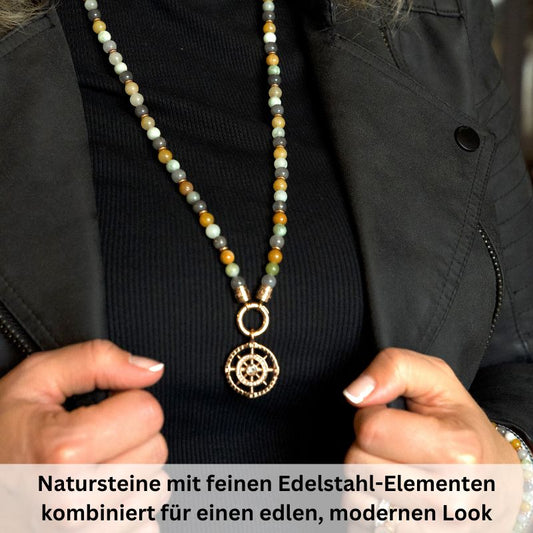 Kette Joleen (6mm) mit Quarz Kristall, Gelbe Jade, Hellgrüne Jade und Edelstahl-Beads (mit Rund-Karabiner)